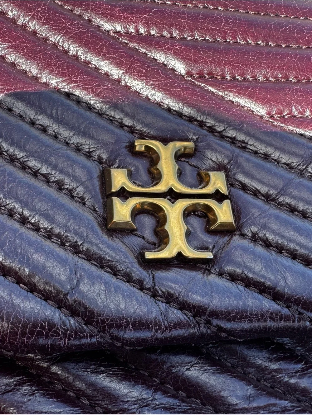 Tory Burch Quilted Chevron Convertible Clutch in Deep Burgundy with Gold Logo